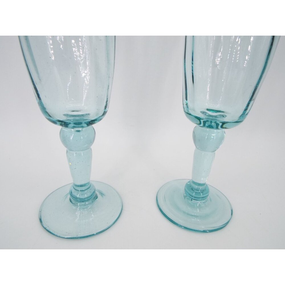 Pair of 7.25" Blown Glass Goblets Aqua Blue Green - Picture 3 of 6